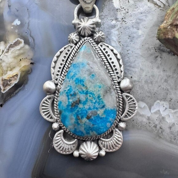 Sterling Silver Southwestern Style Teardrop Iranian Turquoise Decorated Pendant - Picture 6 of 10